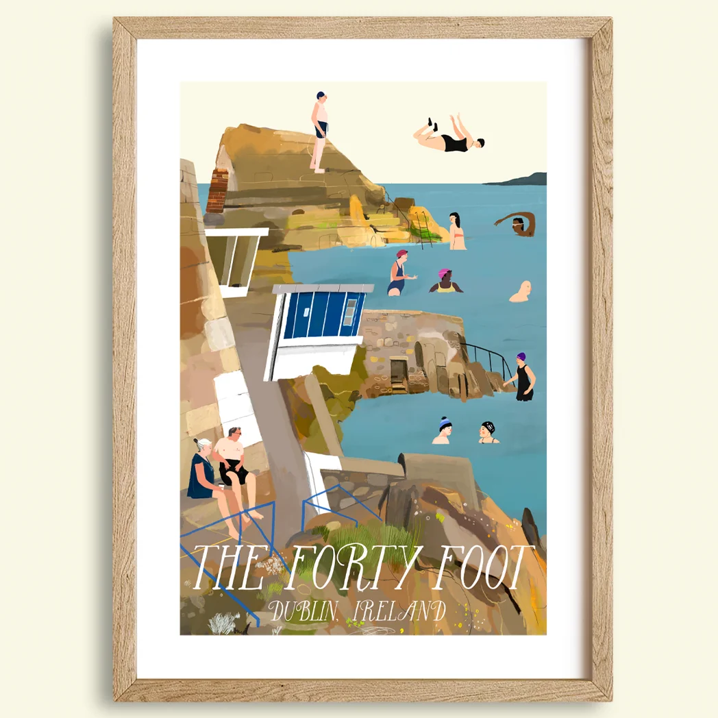 The Forty Foot Dublin, art print, coastal art, Irish landscape, swimming cove, Sandycove, iconic Dublin, coastal scenery, historical Dublin, Irish art