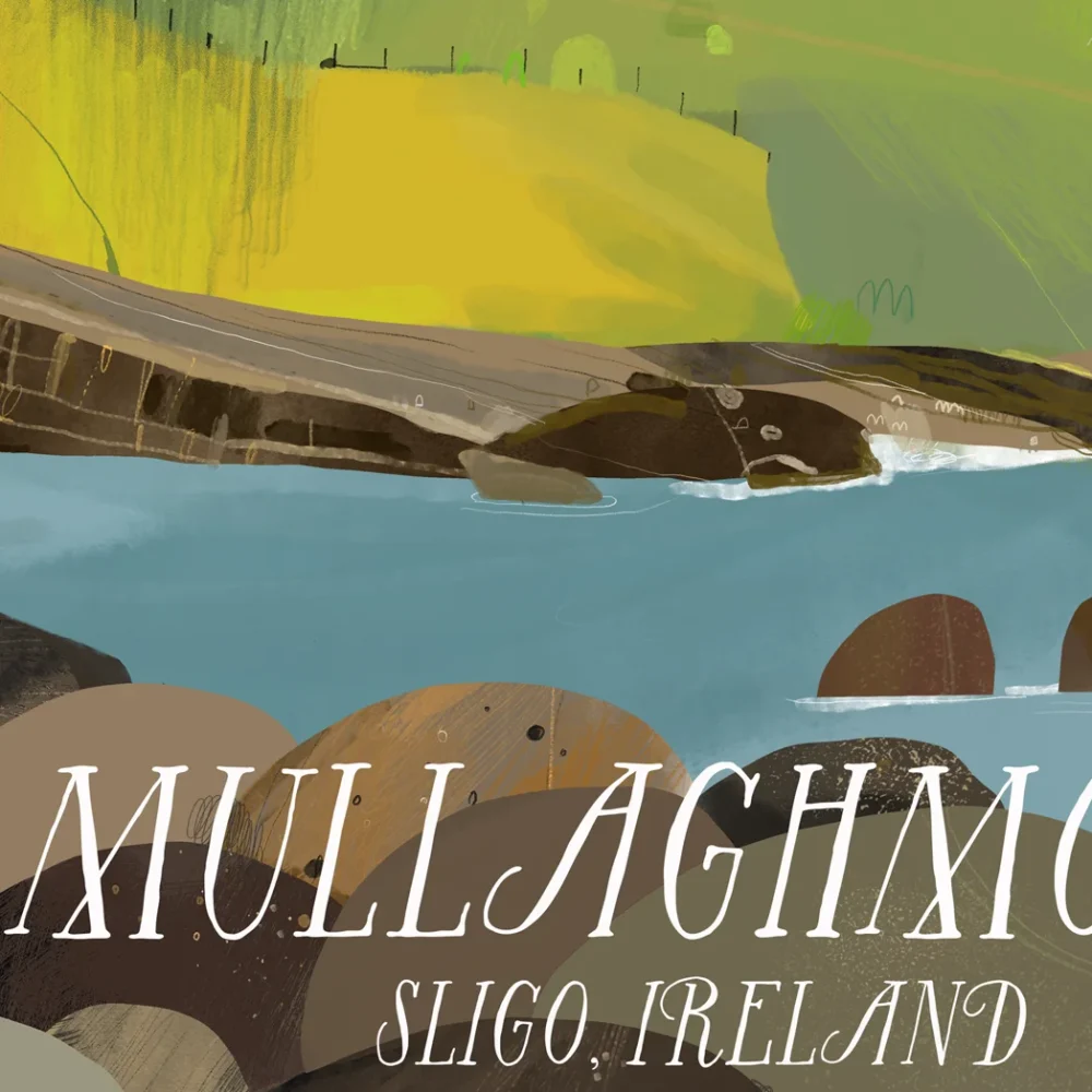 Mullaghmore print, Cassiebawn Castle art, Benbulben illustration, Irish coastal landscape, Sligo art print, Wild Atlantic Way artwork, Ireland wall art, Irish castle print, Mullaghmore headland, Northwest Ireland scenery