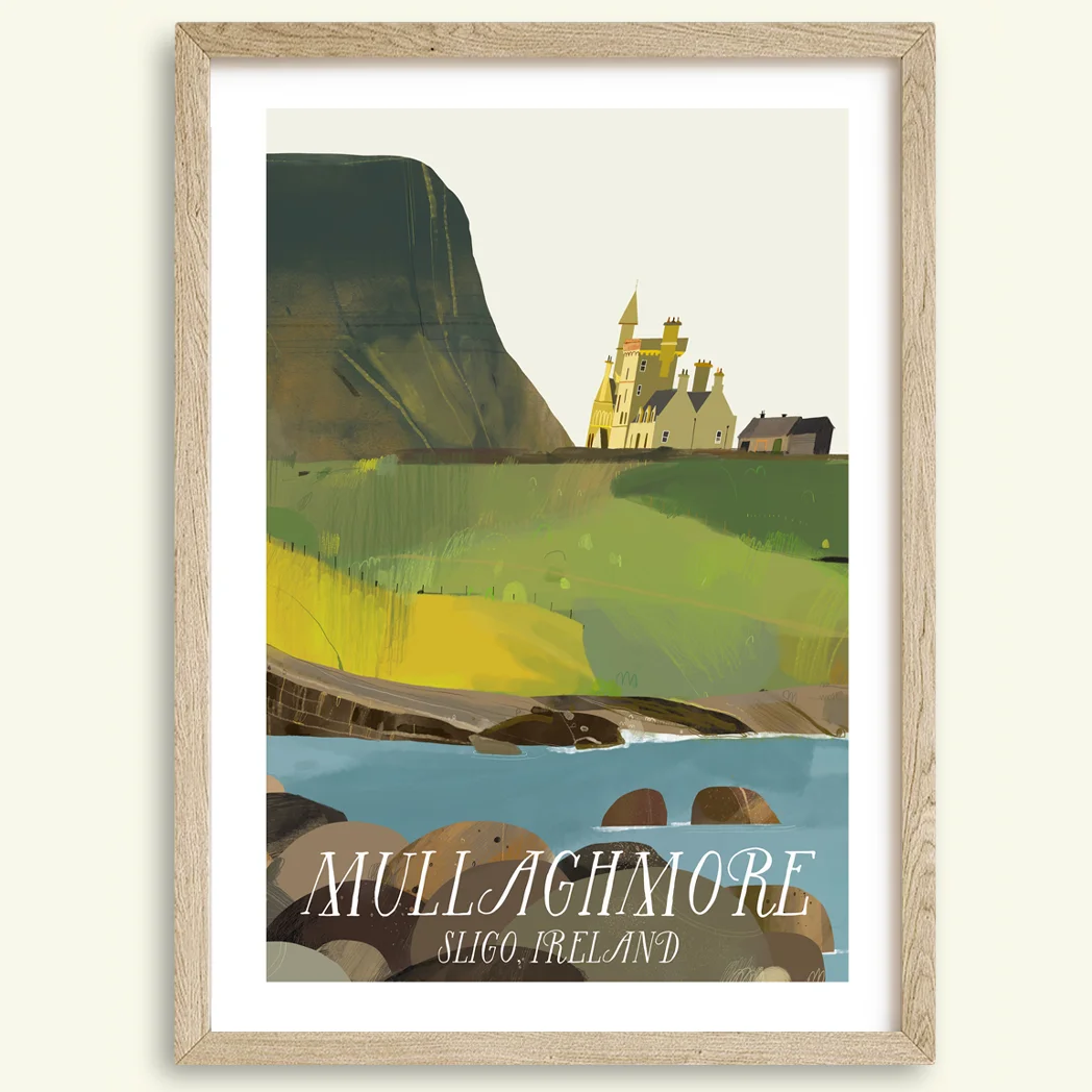 Mullaghmore print, Cassiebawn Castle art, Benbulben illustration, Irish coastal landscape, Sligo art print, Wild Atlantic Way artwork, Ireland wall art, Irish castle print, Mullaghmore headland, Northwest Ireland scenery