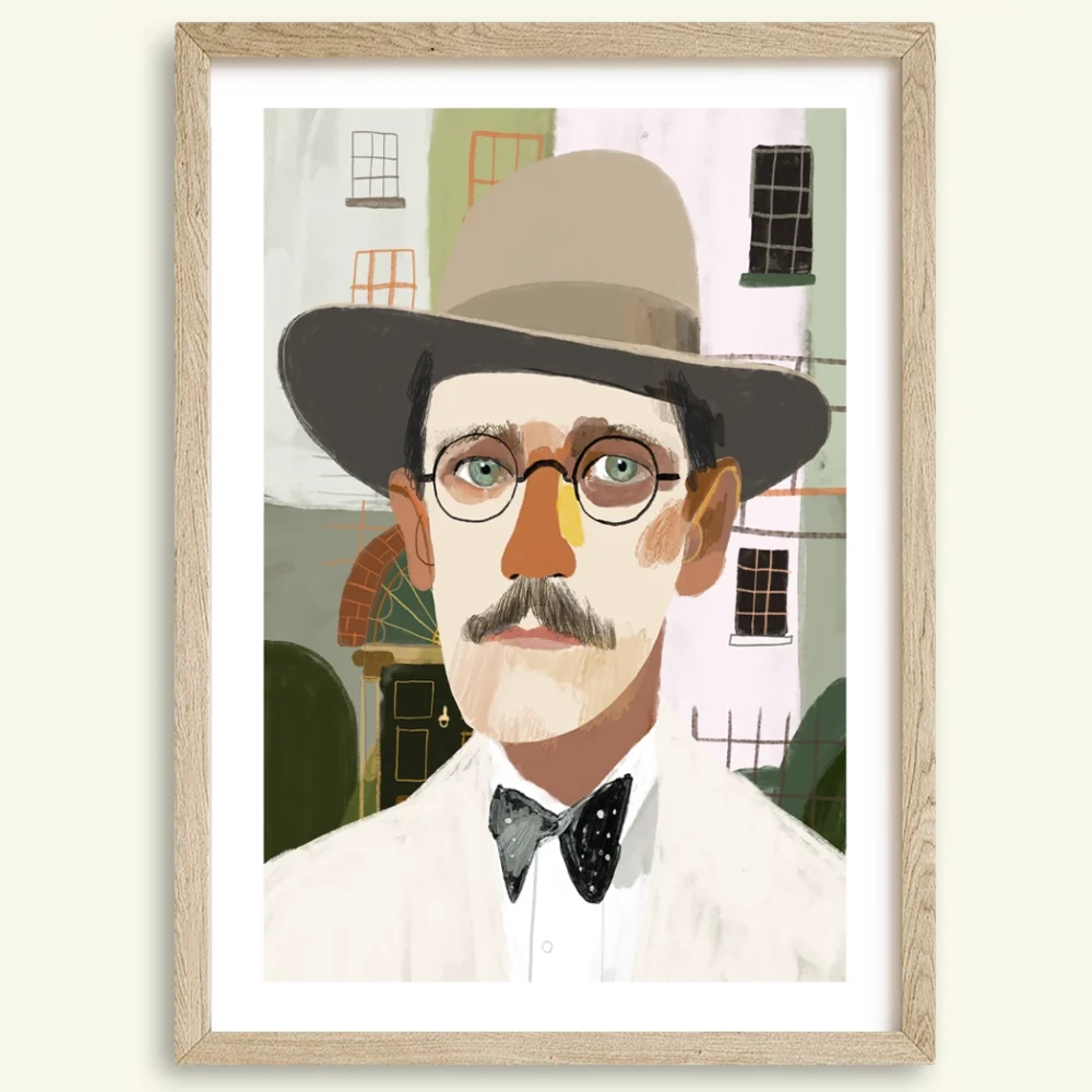 James Joyce wall art print for sale – literary portrait featuring the famous author of Ulysses and Dubliners, illustrated by Irish artist Conor Langton and printed on archival paper.