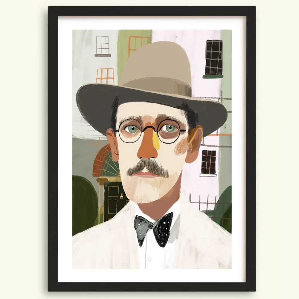 James Joyce wall art print for sale – literary portrait featuring the famous author of Ulysses and Dubliners, illustrated by Irish artist Conor Langton and printed on archival paper.