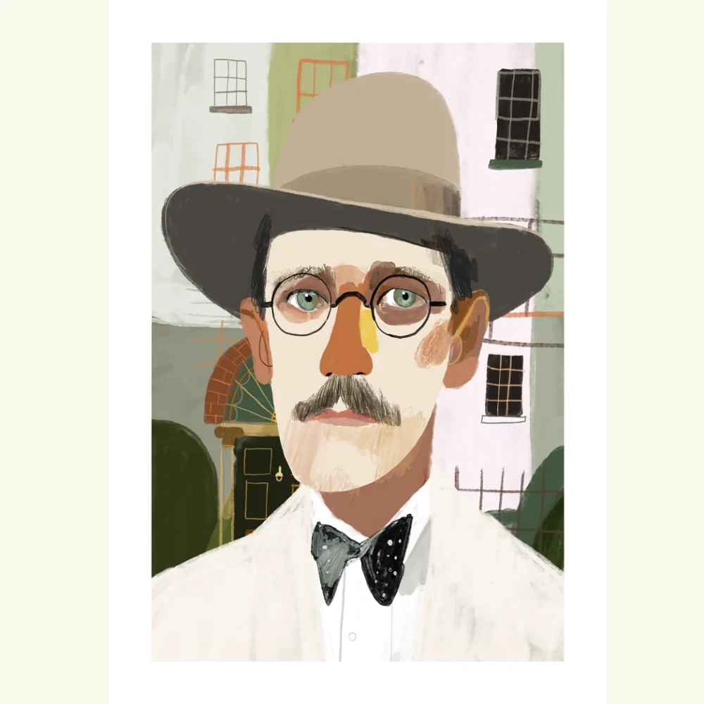 James Joyce wall art print for sale – literary portrait featuring the famous author of Ulysses and Dubliners, illustrated by Irish artist Conor Langton and printed on archival paper.