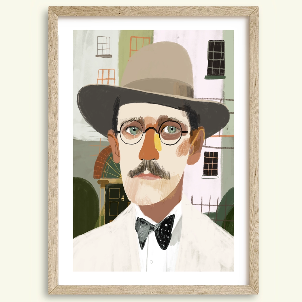 James Joyce wall art print for sale – literary portrait featuring the famous author of Ulysses and Dubliners, illustrated by Irish artist Conor Langton and printed on archival paper.
