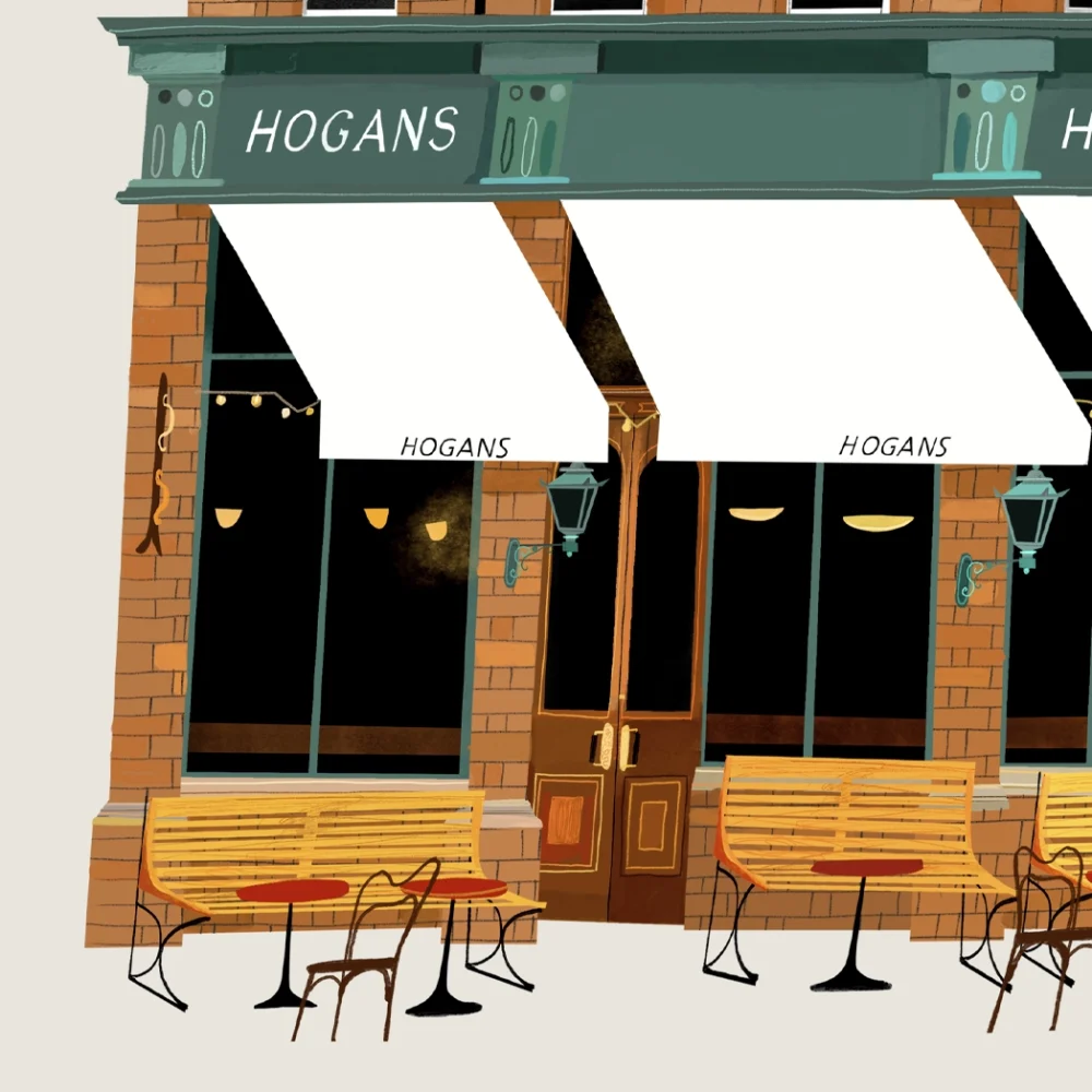 Hogan’s Bar in Dublin Illustrated art print by Conor Langton, featuring a detailed depiction of the well-known city centre pub. Perfect for lovers of Irish pubs, Dublin art, and unique Irish wall decor.