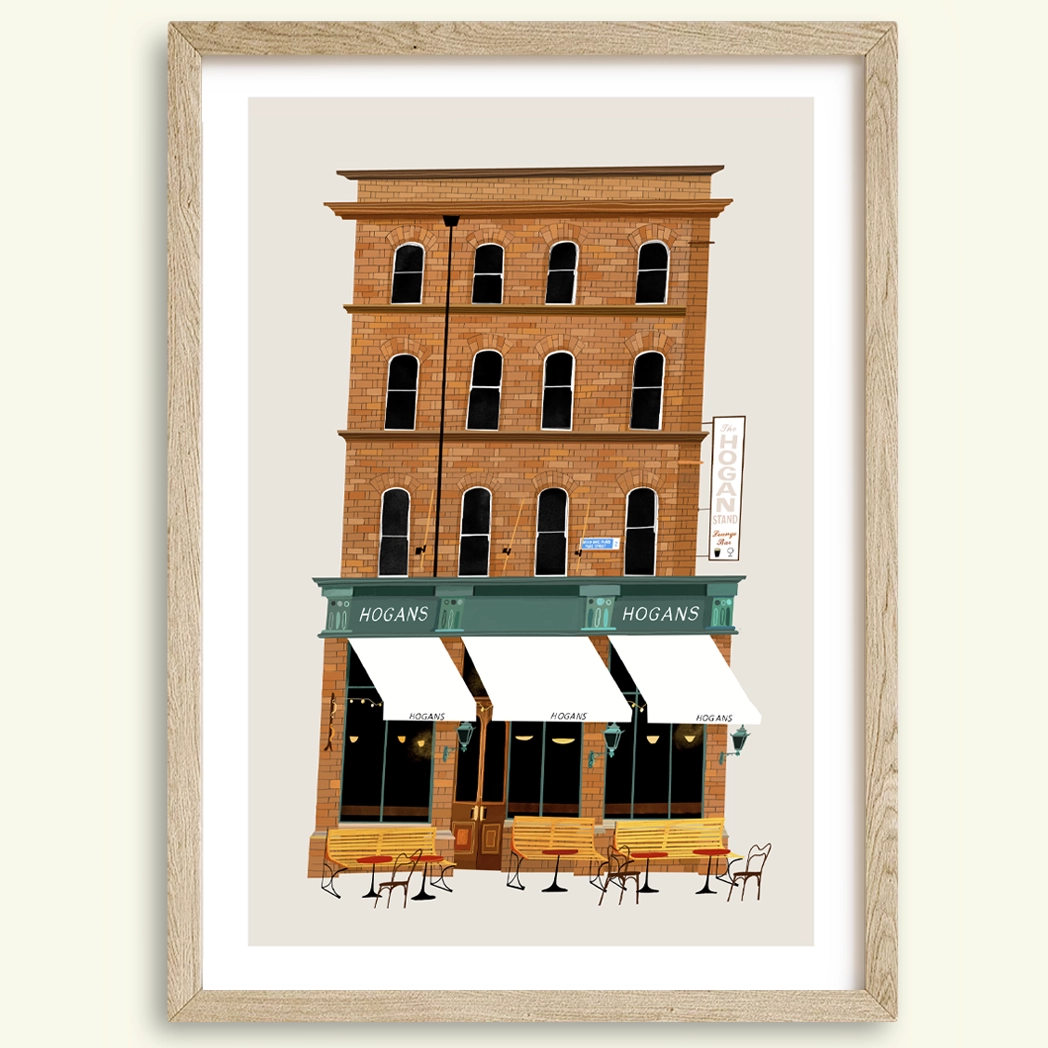 Hogan’s Bar in Dublin Illustrated art print by Conor Langton, featuring a detailed depiction of the well-known city centre pub. Perfect for lovers of Irish pubs, Dublin art, and unique Irish wall decor.
