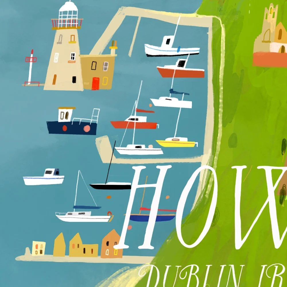 Illustrated art print of Howth in County Dublin by Conor Langton, featuring the scenic harbour, boats, and coastal landscape, perfect Irish wall art for home or office.