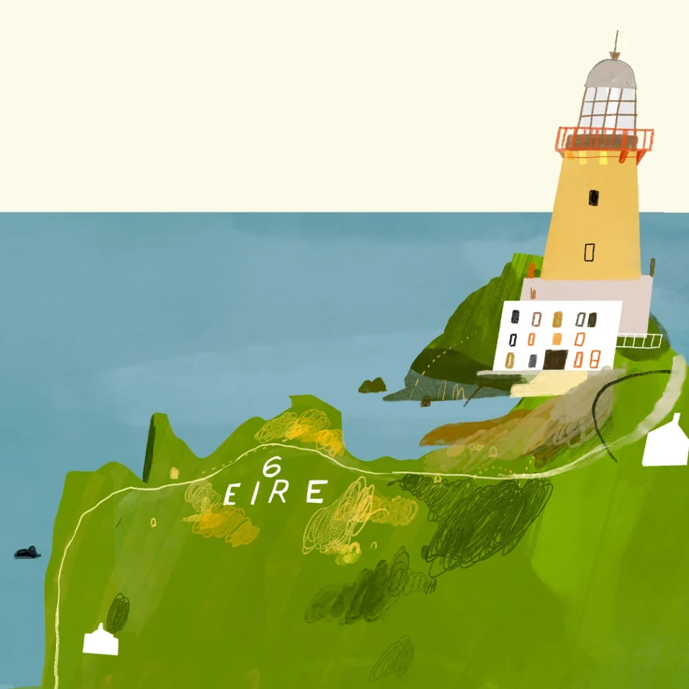 Illustrated art print of Howth in County Dublin by Conor Langton, featuring the scenic harbour, boats, and coastal landscape, perfect Irish wall art for home or office.
