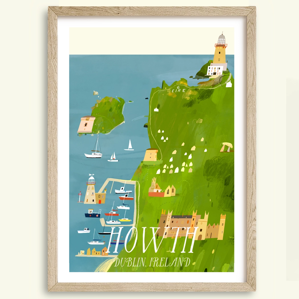 Illustrated art print of Howth in County Dublin by Conor Langton, featuring the scenic harbour, boats, and coastal landscape, perfect Irish wall art for home or office.