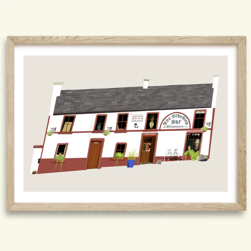 Art print of The Olde Glen Bar in Glen, County Donegal, illustrated by Conor Langton. Features the historic stone pub with colourful frontage, celebrating one of Ireland’s oldest bars.