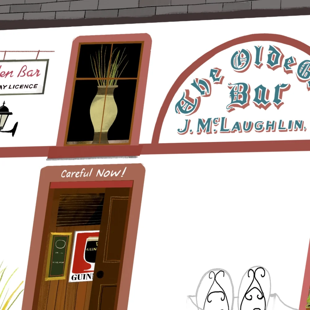 Art print of The Olde Glen Bar in Glen, County Donegal, illustrated by Conor Langton. Features the historic stone pub with colourful frontage, celebrating one of Ireland’s oldest bars.