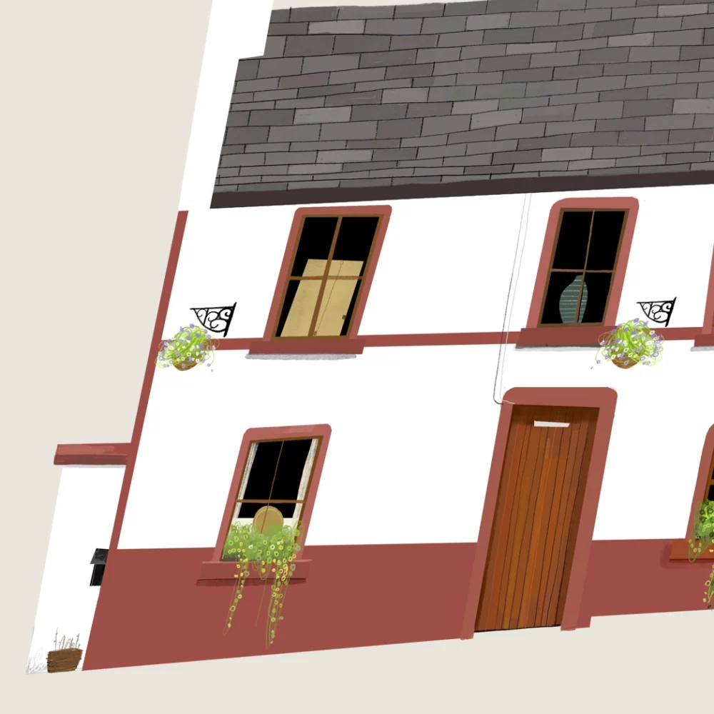 Art print of The Olde Glen Bar in Glen, County Donegal, illustrated by Conor Langton. Features the historic stone pub with colourful frontage, celebrating one of Ireland’s oldest bars.
