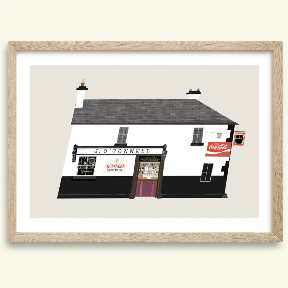 Illustration of James O’Connell’s Pub in Skryne, County Meath, Ireland, showing the traditional pub façade with signage and classic Irish frontage