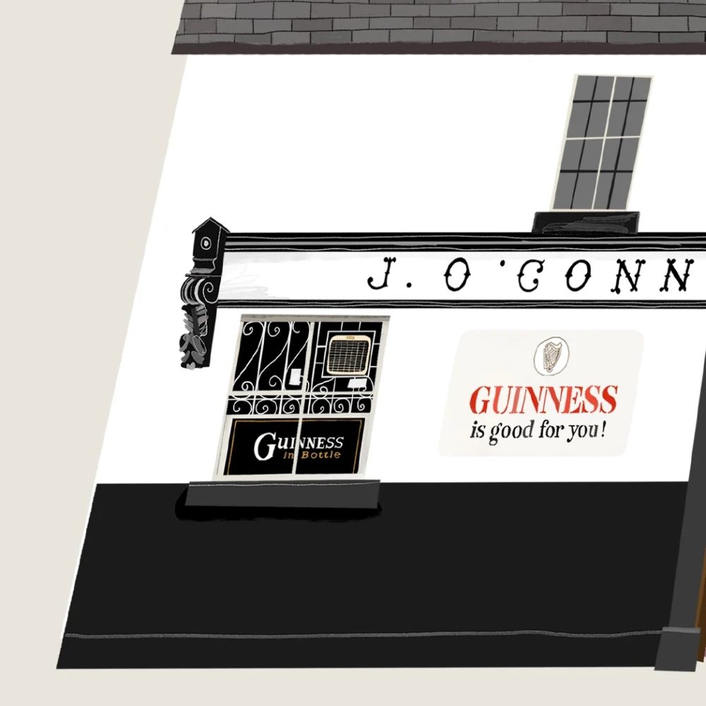 Illustration of James O’Connell’s Pub in Skryne, County Meath, Ireland, showing the traditional pub façade with signage and classic Irish frontage