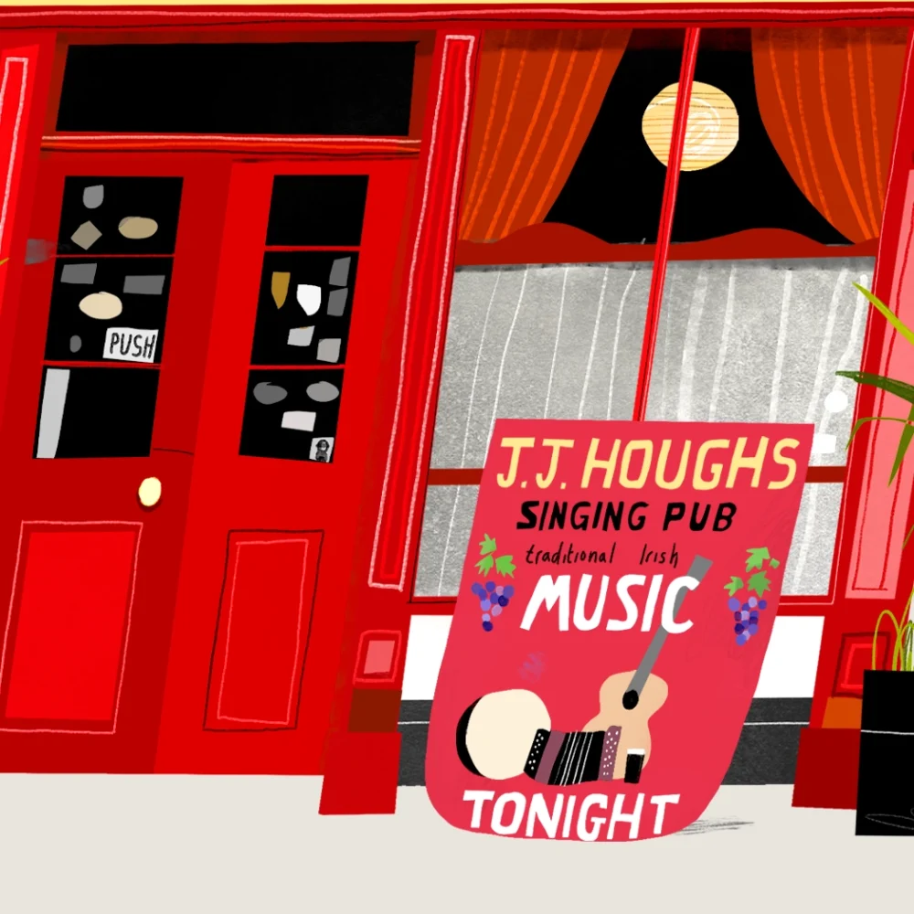 Illustration of JJ Hough’s Singing Pub in Banagher, Co. Offaly, Ireland, showing the traditional pub façade with dark wood exterior and vintage signage