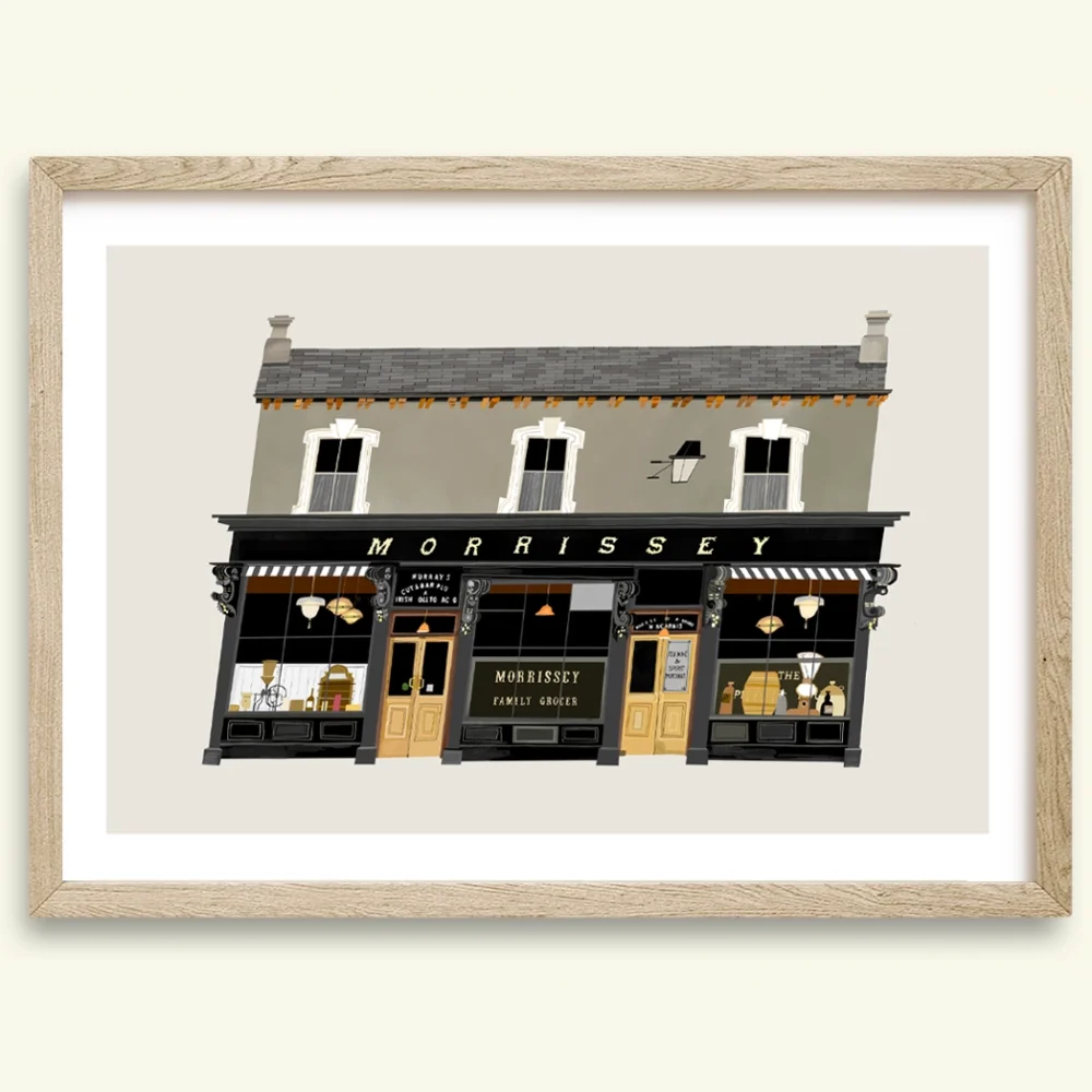 Morrissey’s Bar Abbeyleix, Laois, Ireland, Art Print, illustration, County Laois, Ireland, showing the historic pub frontage with traditional signage and shopfront details.
