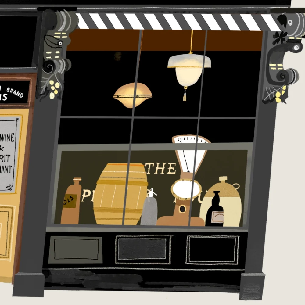 Illustration of Morrissey’s Bar Abbeyleix, County Laois, Ireland, showing the historic pub frontage with traditional signage and shopfront details.