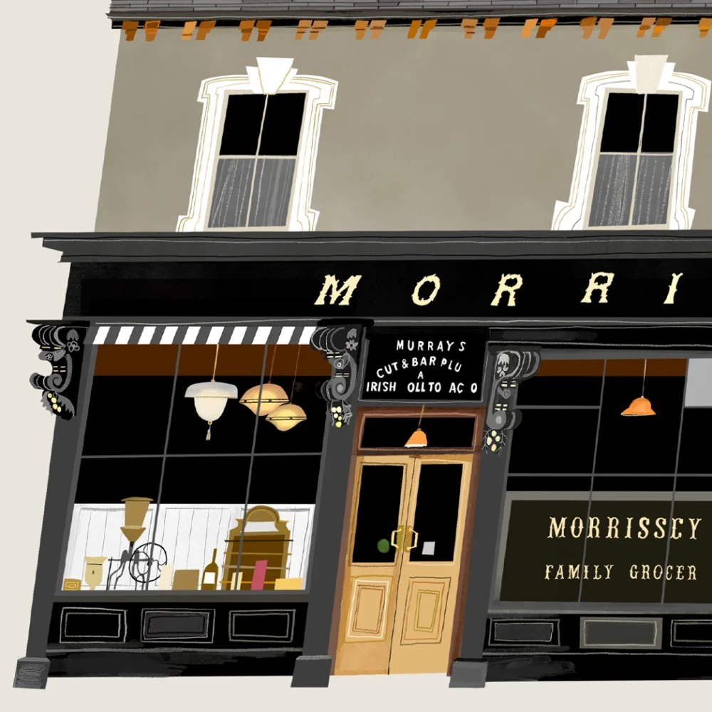 Illustration of Morrissey’s Bar Abbeyleix, County Laois, Ireland, showing the historic pub frontage with traditional signage and shopfront details.
