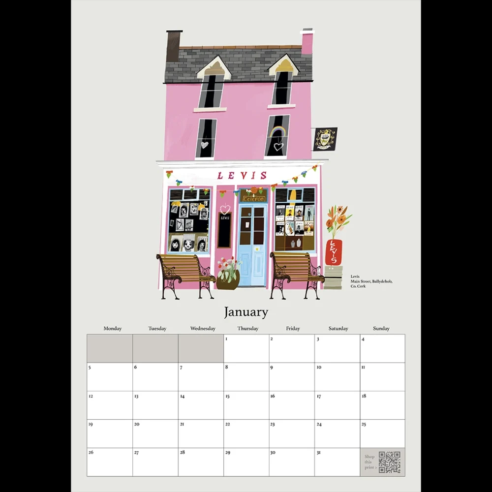 Pubs Of Ireland Calendar 2026 featuring illustrated Irish pub fronts by Conor Langton, including Levis, DeBarras, O’Connells, The Crane Bar, Bridies, Morrisseys, The Olde Glen Bar, JJ Hough’s, The Cobblestone, Dick Macks, and The Bulman.