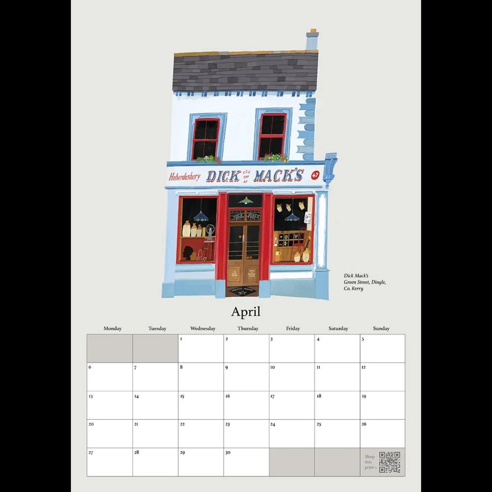 Pubs Of Ireland Calendar 2026 featuring illustrated Irish pub fronts by Conor Langton, including Levis, DeBarras, O’Connells, The Crane Bar, Bridies, Morrisseys, The Olde Glen Bar, JJ Hough’s, The Cobblestone, Dick Macks, and The Bulman.