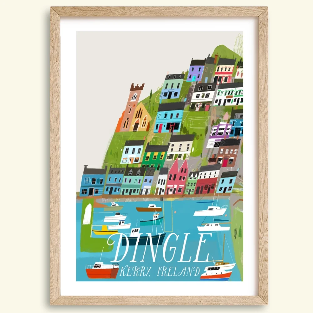 Painting of Dingle, Co. Kerry, showing the town’s colourful streets, harbour, and traditional pubs, by Irish artist Conor Langton