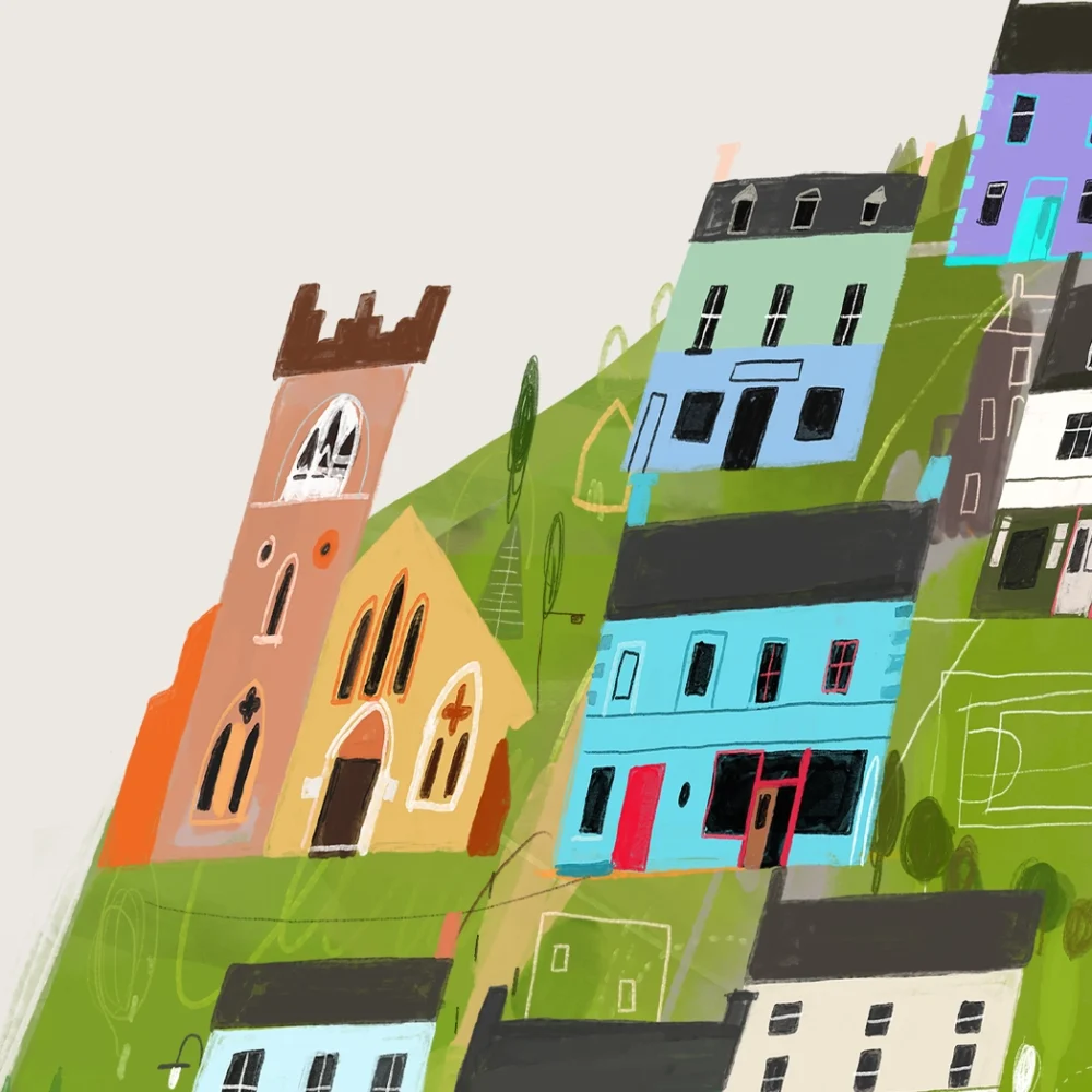 Painting of Dingle, Co. Kerry, showing the town’s colourful streets, harbour, and traditional pubs, by Irish artist Conor Langton