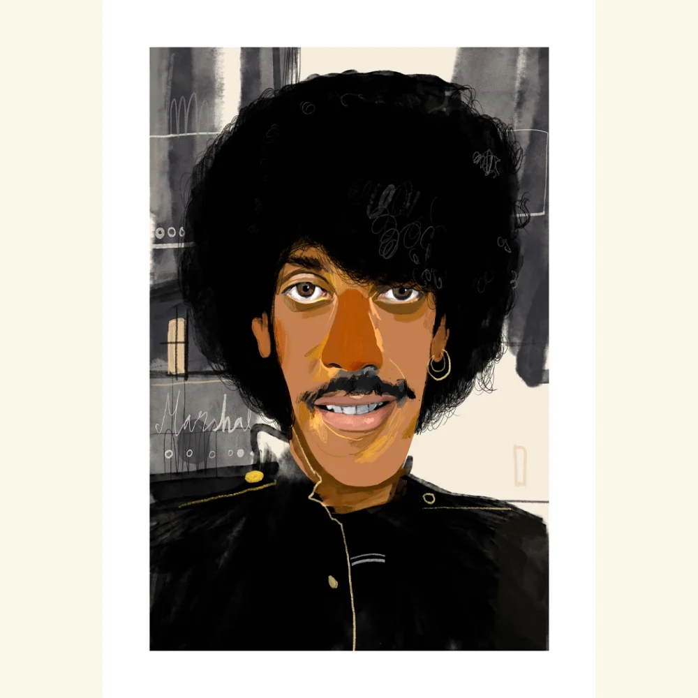 Illustrated portrait print of Phil Lynott, the lead vocalist and bassist of Thin Lizzy, shown in a straightforward depiction that represents his public image as a major figure in Irish rock music.