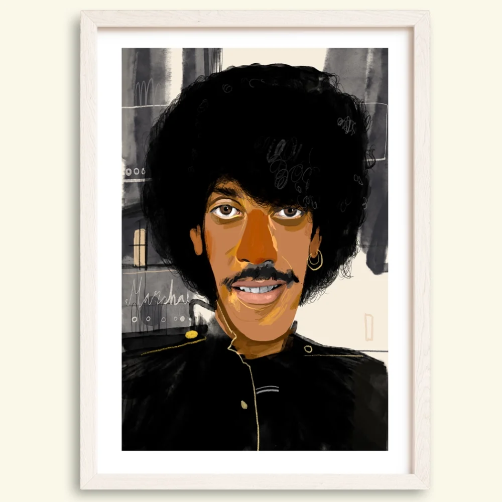 Illustrated portrait print of Phil Lynott, the lead vocalist and bassist of Thin Lizzy, shown in a straightforward depiction that represents his public image as a major figure in Irish rock music.