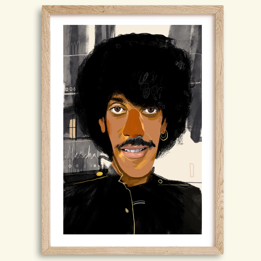 Illustrated portrait print of Phil Lynott, the lead vocalist and bassist of Thin Lizzy, shown in a straightforward depiction that represents his public image as a major figure in Irish rock music.
