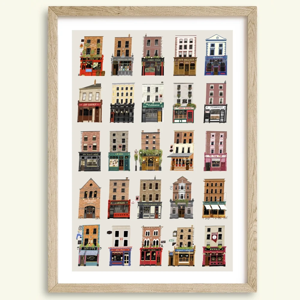 Pubs of Dublin. Illustrated print featuring twenty five of Dublin’s most iconic pubs, each individually drawn to show the distinctive frontage, signage, and architectural details. The artwork captures a mix of historic, traditional, and well-known neighbourhood pubs across the city, arranged together in a single detailed illustration.
