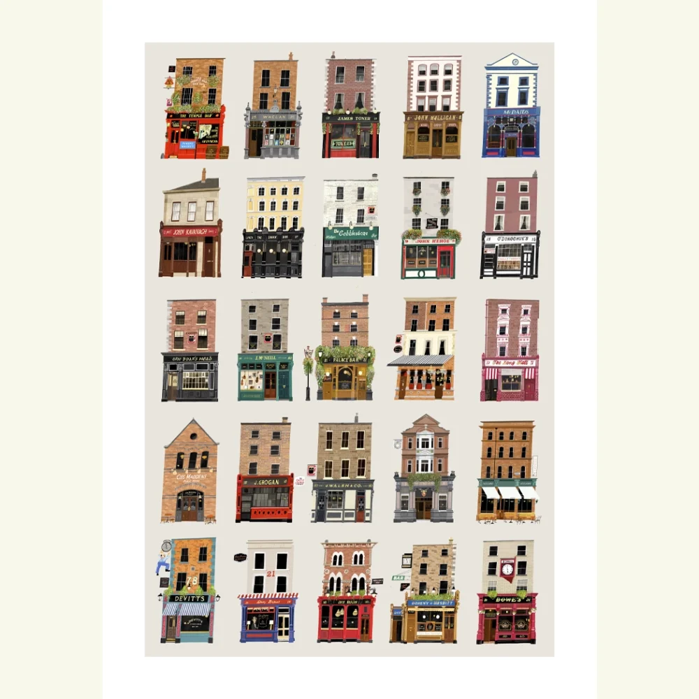 Pubs of Dublin. Illustrated print featuring twenty five of Dublin’s most iconic pubs, each individually drawn to show the distinctive frontage, signage, and architectural details. The artwork captures a mix of historic, traditional, and well-known neighbourhood pubs across the city, arranged together in a single detailed illustration.