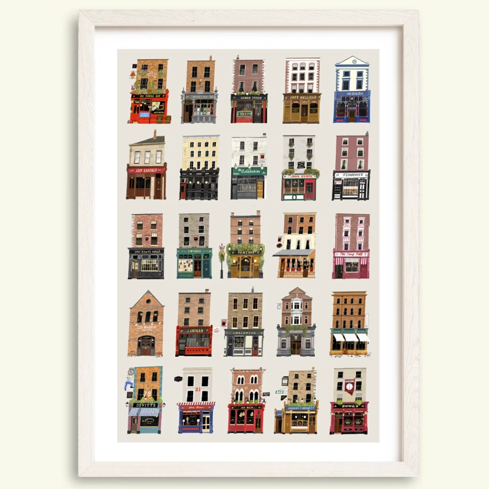Pubs of Dublin. Illustrated print featuring twenty five of Dublin’s most iconic pubs, each individually drawn to show the distinctive frontage, signage, and architectural details. The artwork captures a mix of historic, traditional, and well-known neighbourhood pubs across the city, arranged together in a single detailed illustration.