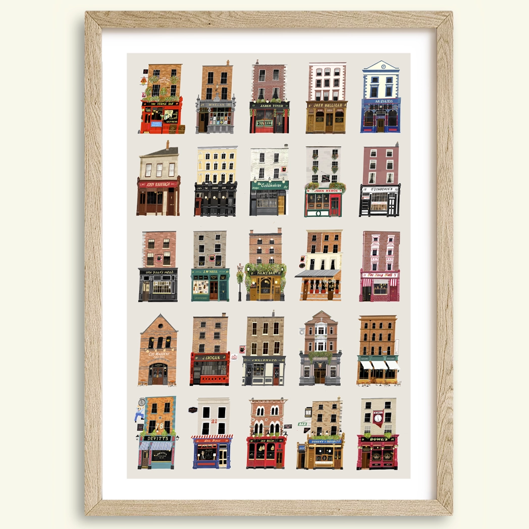 Pubs of Dublin. Illustrated print featuring twenty five of Dublin’s most iconic pubs, each individually drawn to show the distinctive frontage, signage, and architectural details. The artwork captures a mix of historic, traditional, and well-known neighbourhood pubs across the city, arranged together in a single detailed illustration.