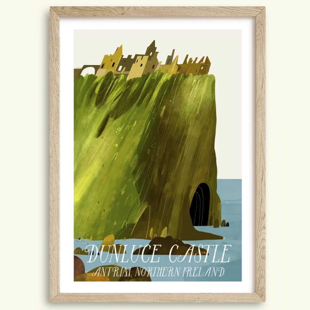 Detailed landscape painting of Dunluce Castle overlooking the Atlantic coastline in County Antrim by Irish artist Conor Langton.