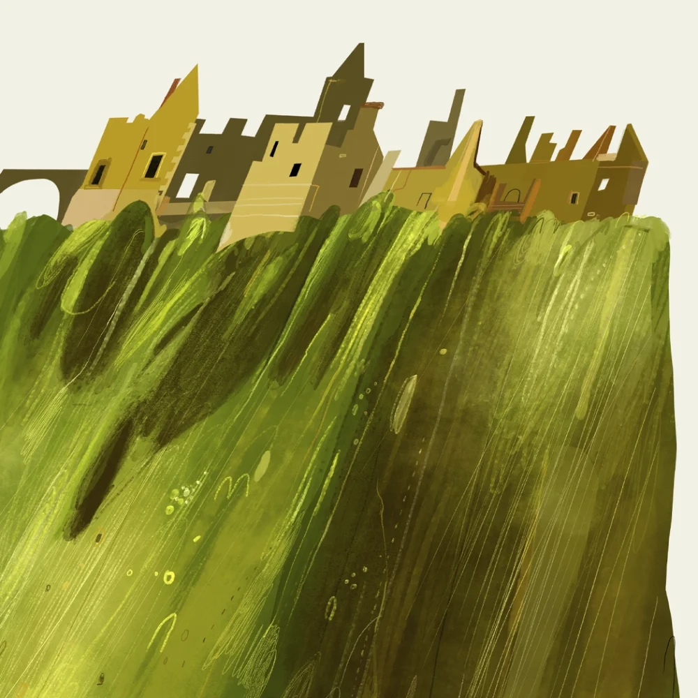 Detailed landscape painting of Dunluce Castle overlooking the Atlantic coastline in County Antrim by Irish artist Conor Langton.