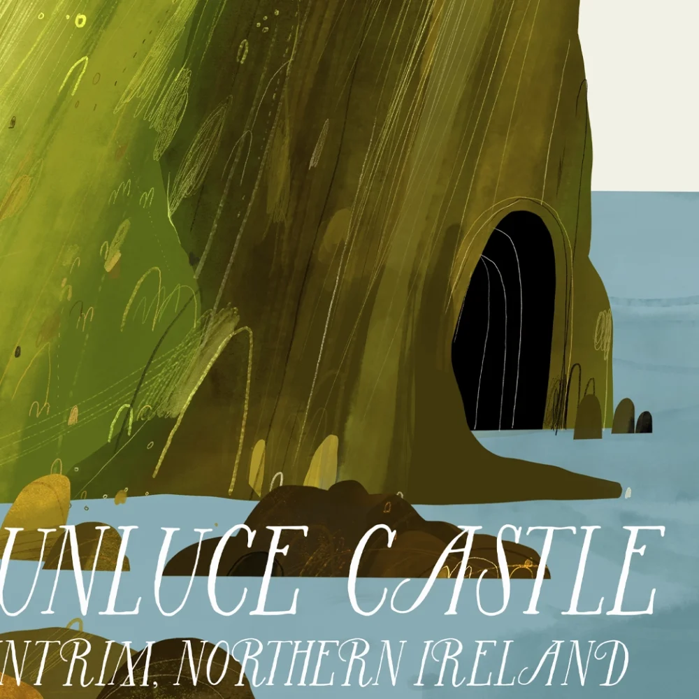 Detailed landscape painting of Dunluce Castle overlooking the Atlantic coastline in County Antrim by Irish artist Conor Langton.