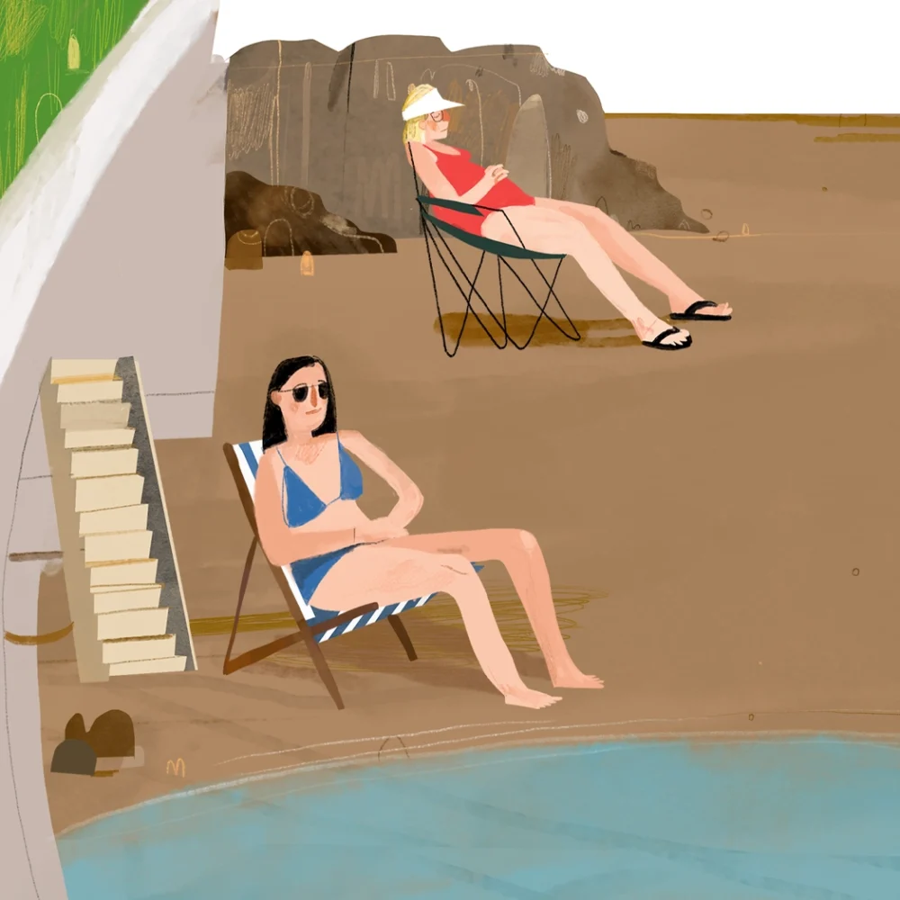 Painting of Sandycove Beach in Dublin overlooking Dublin Bay by Irish artist Conor Langton