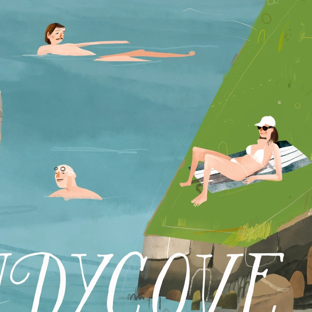 Painting of Sandycove Beach in Dublin overlooking Dublin Bay by Irish artist Conor Langton
