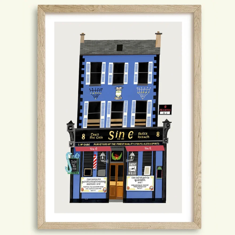 Sin É Cork pub print in brown wood frame by Conor Langton