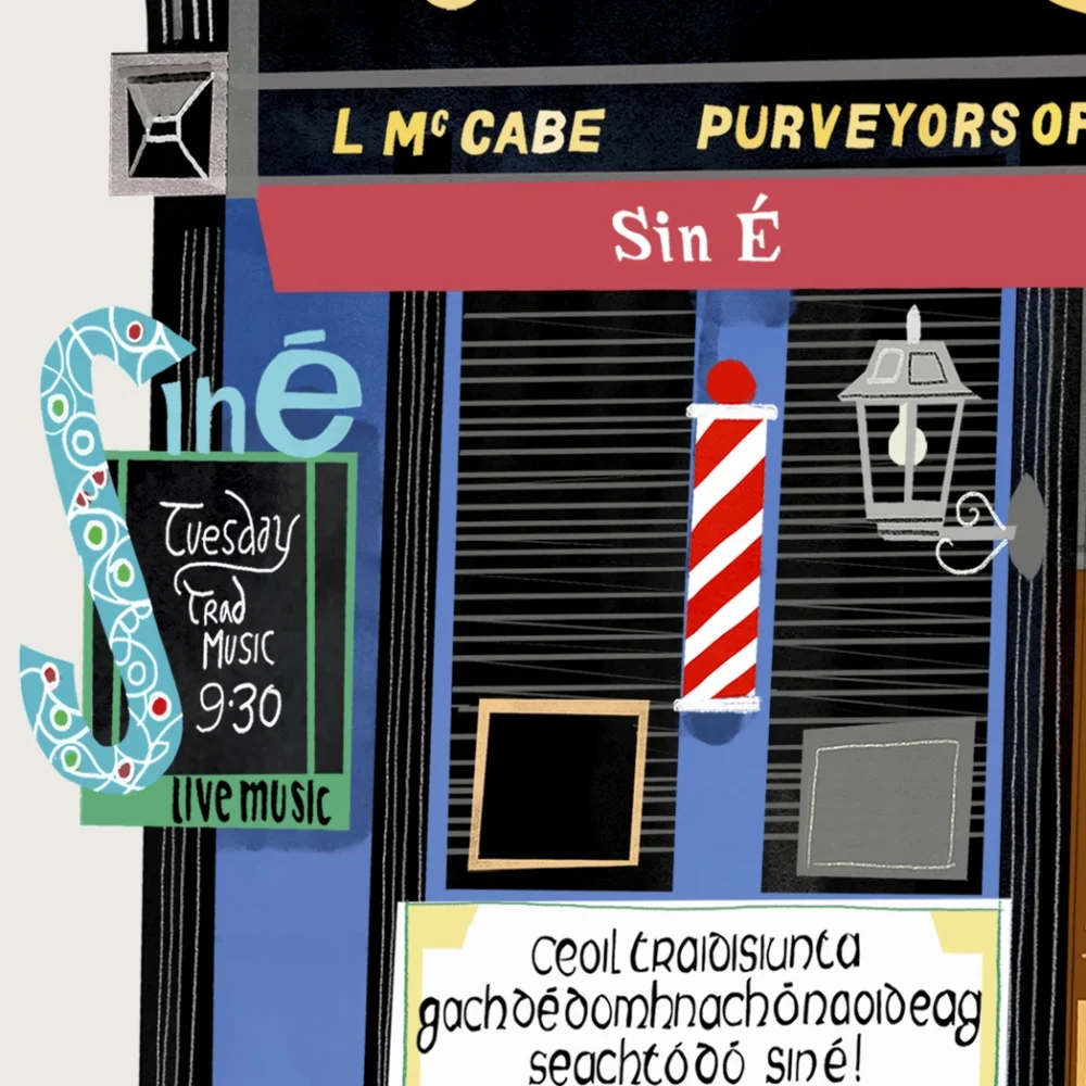 Close-up detail of Sin É pub painting by Conor Langton