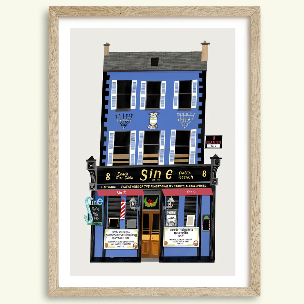 Conor Langton | Prints of Dublin Pubs, Irish Landscapes & Greeting Cards 15 Sin É Cork pub print in brown wood frame by Conor Langton