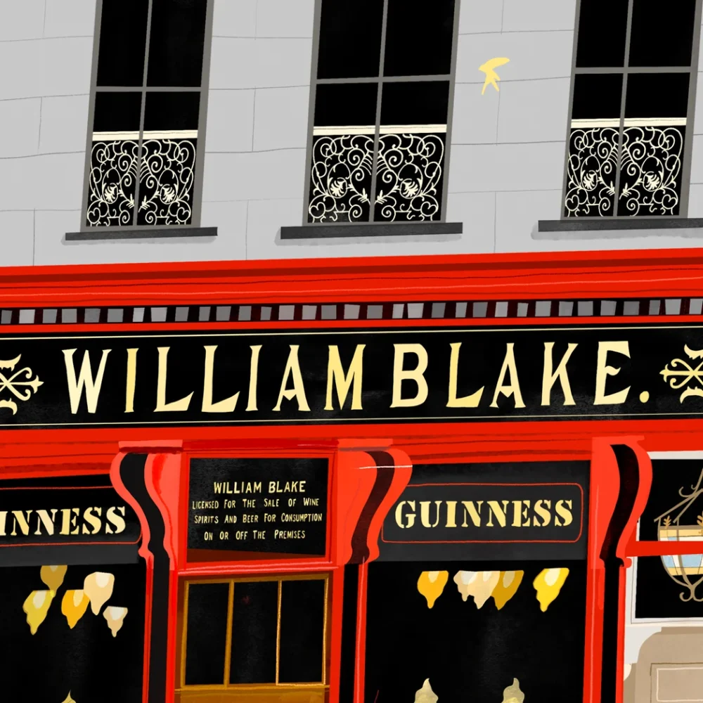 Close-up detail of the gold William Blake lettering on the Blakes of the Hollow pub print