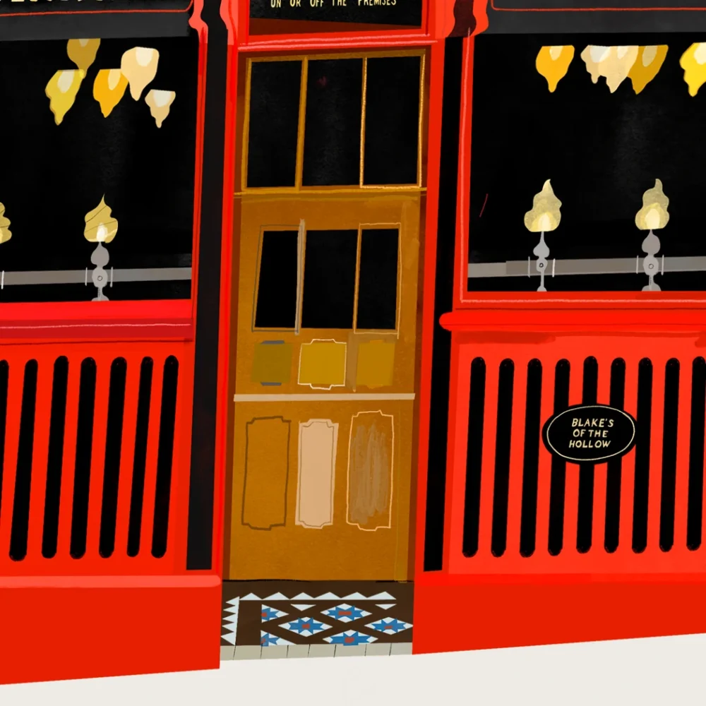 Close-up detail of the doorway, brass rails and tiled step on the Blake's of the Hollow pub print