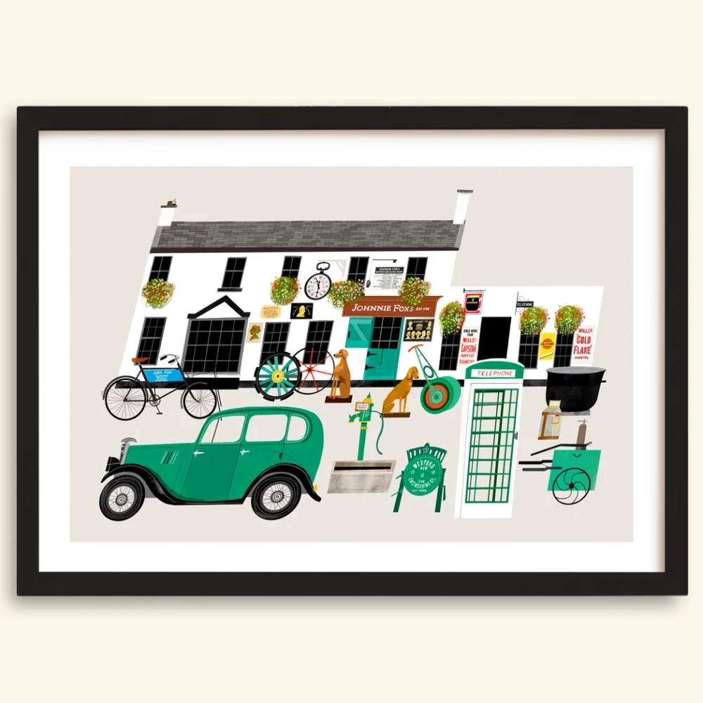 Johnnie Fox's Glencullen pub print in a black frame