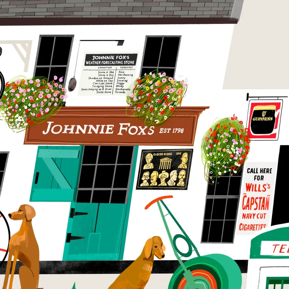 Close-up detail of the Johnnie Foxs Est 1798 sign and weather forecasting stone on the Glencullen pub print