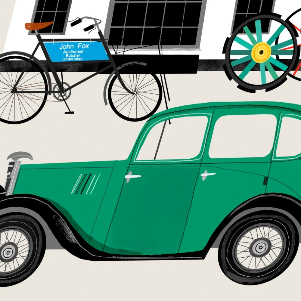 Close-up detail of the vintage green car and the John Fox delivery bicycle on the Johnnie Fox's pub print