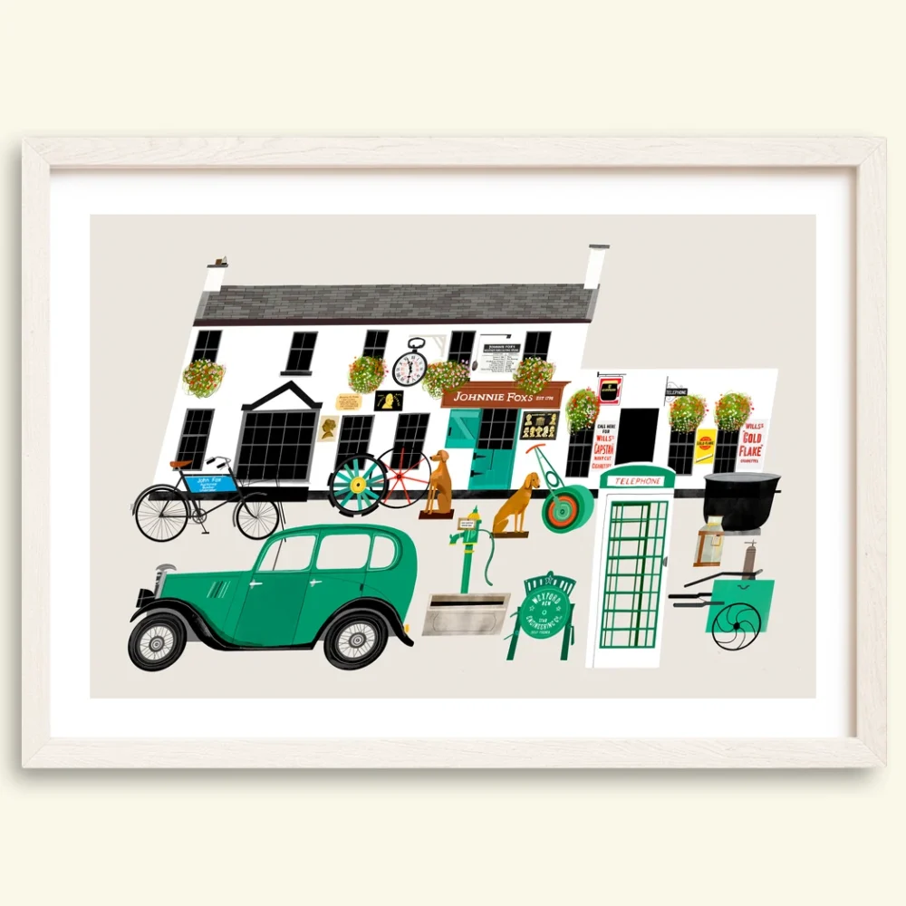Johnnie Fox's Glencullen pub print in a white frame