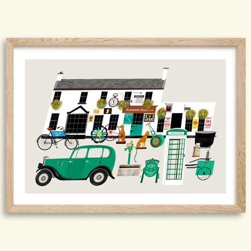 Johnnie Foxs pub print, Glencullen in the Dublin Mountains, in a brown wood frame by Conor Langton