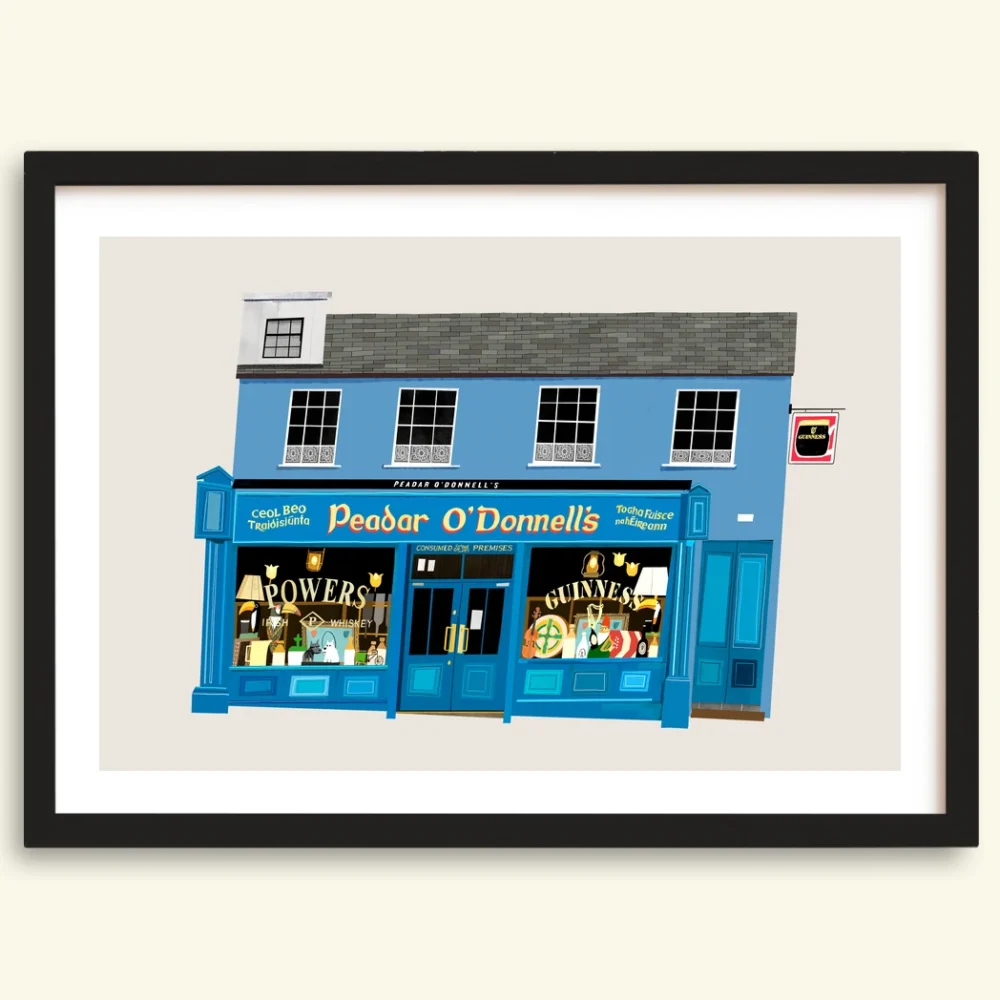 Peadar O'Donnell's Derry pub print in a black frame