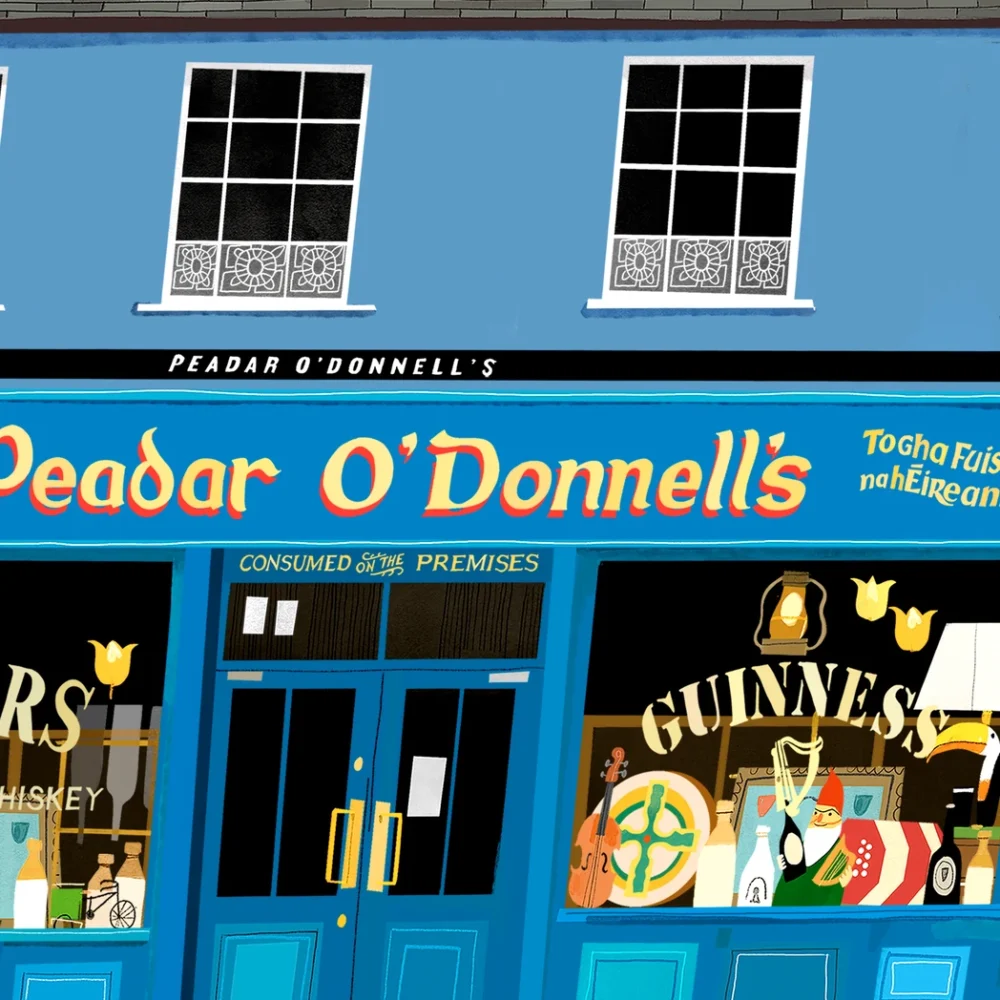 Close-up detail of the Peadar O'Donnell's fascia lettering on the Derry pub print