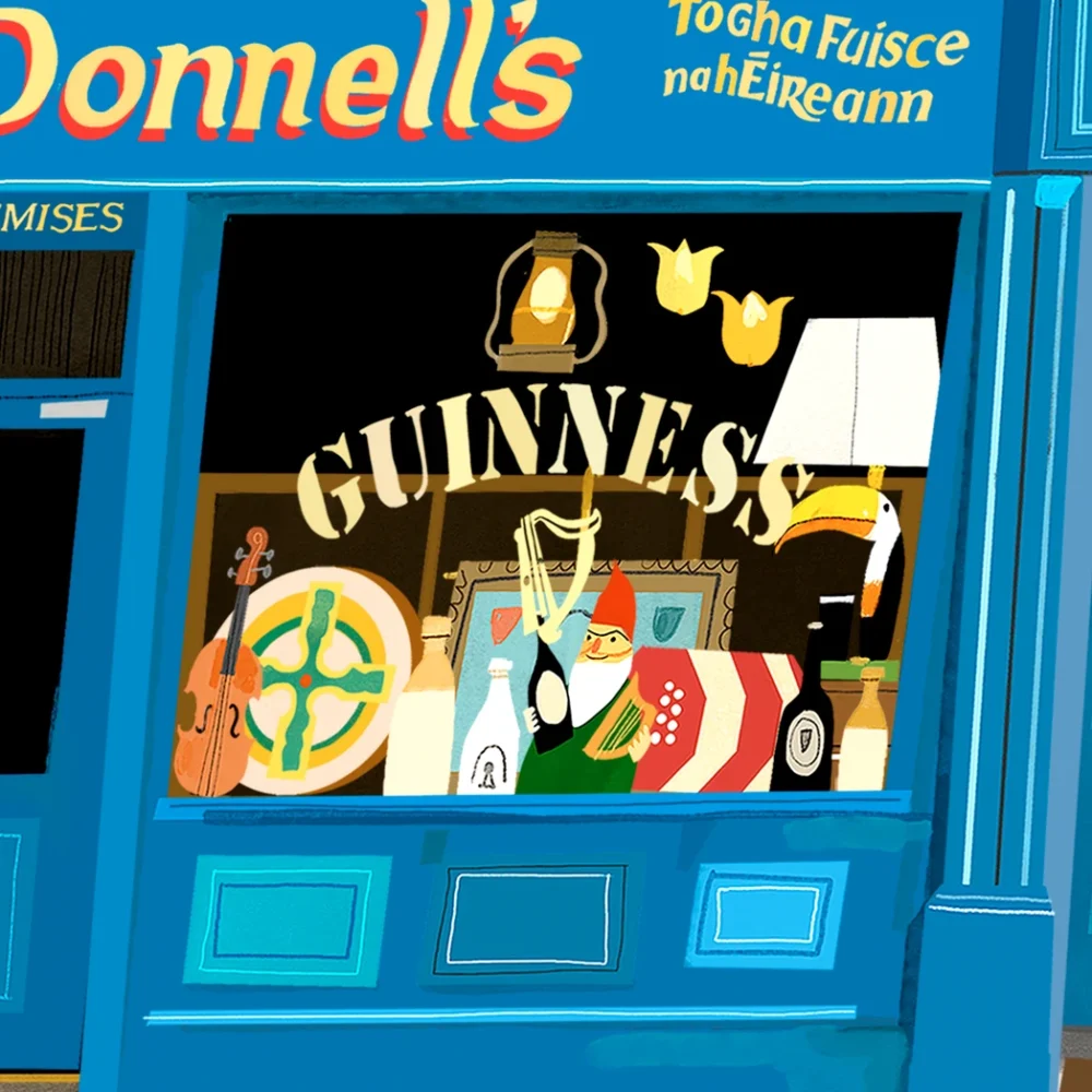 Close-up detail of the Guinness window, double bass and harp on the Peadar O'Donnell's pub print